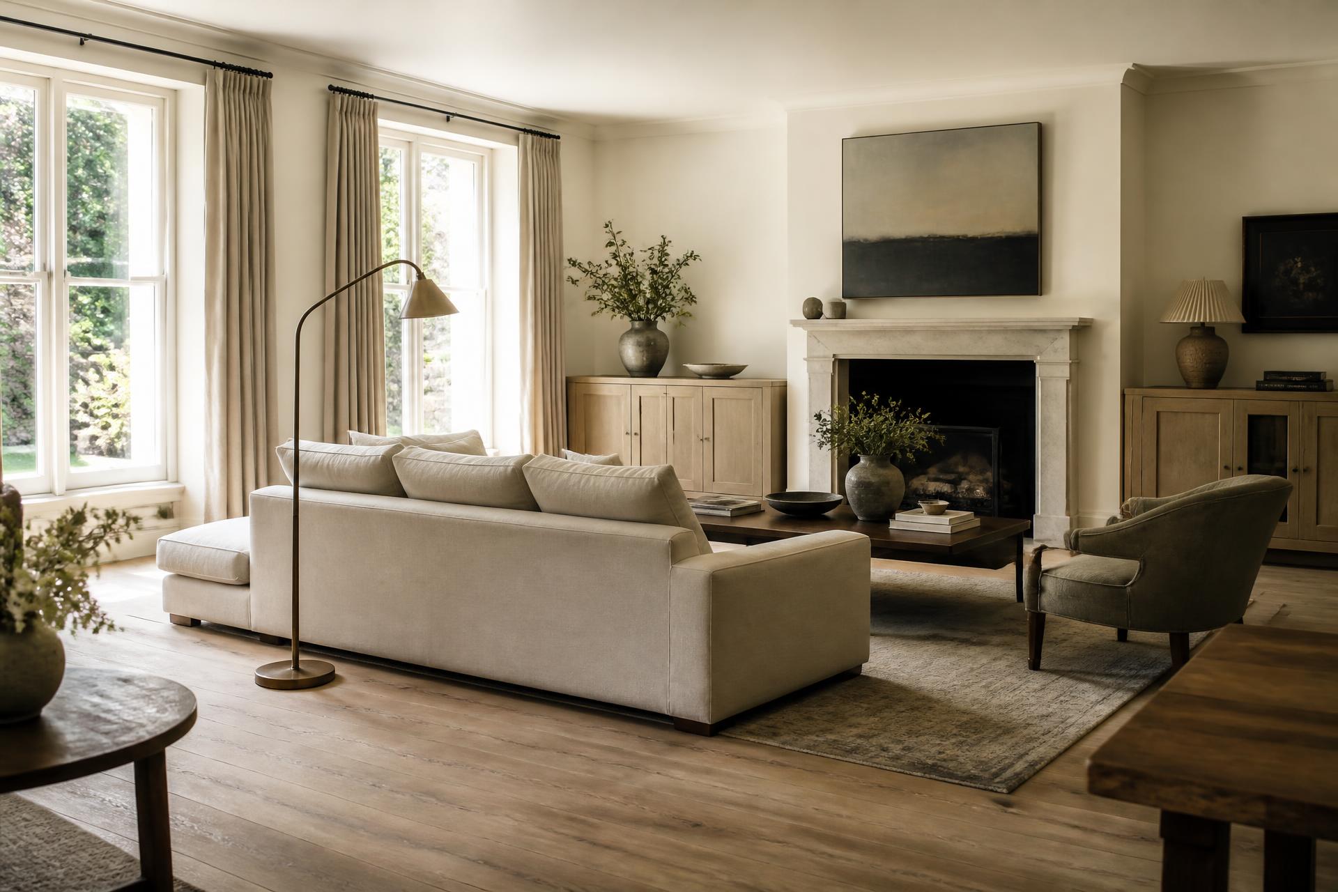 Sunlit country-modern living room with wide plank oak flooring