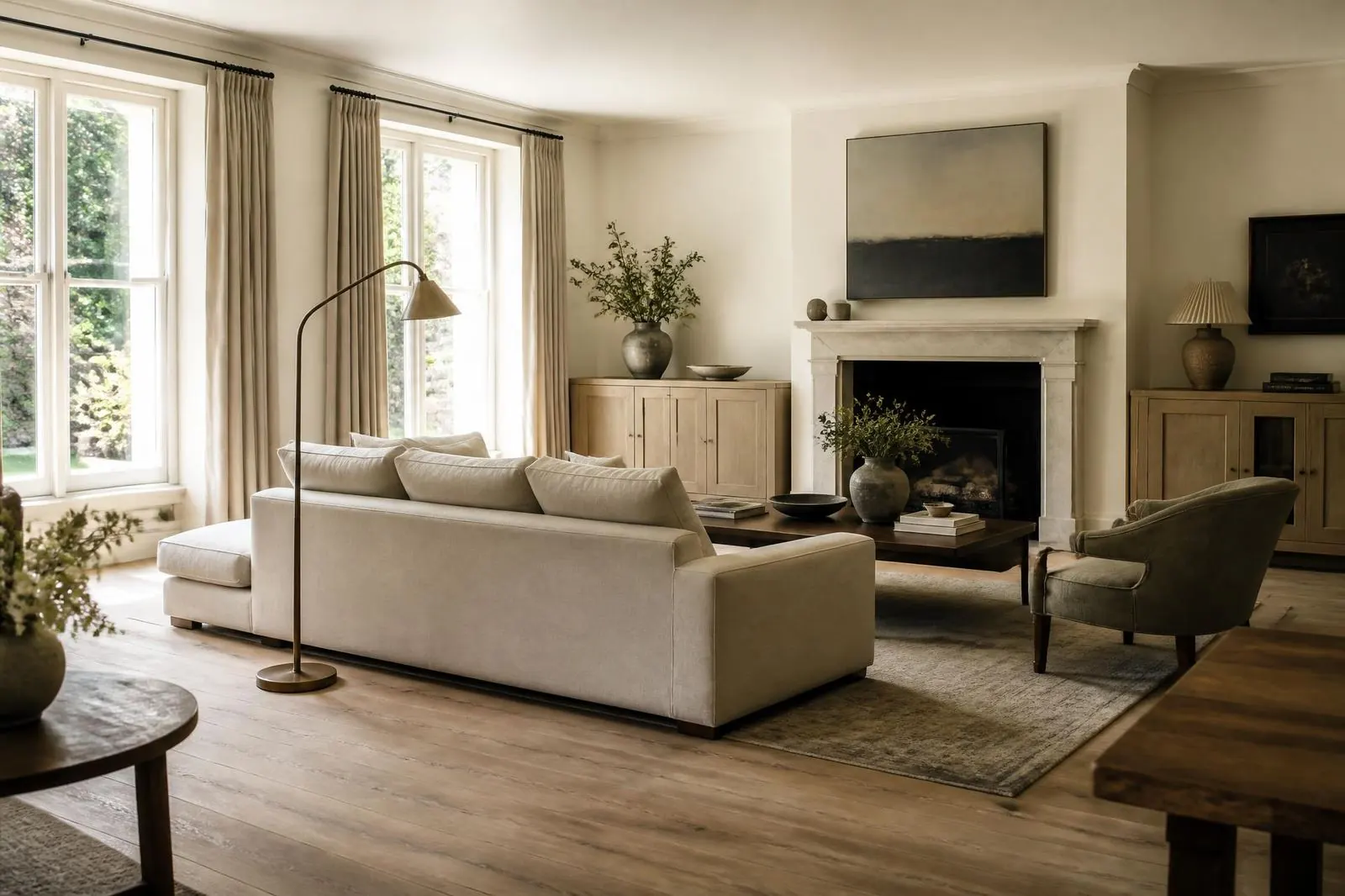 Sunlit country-modern living room with wide plank oak flooring