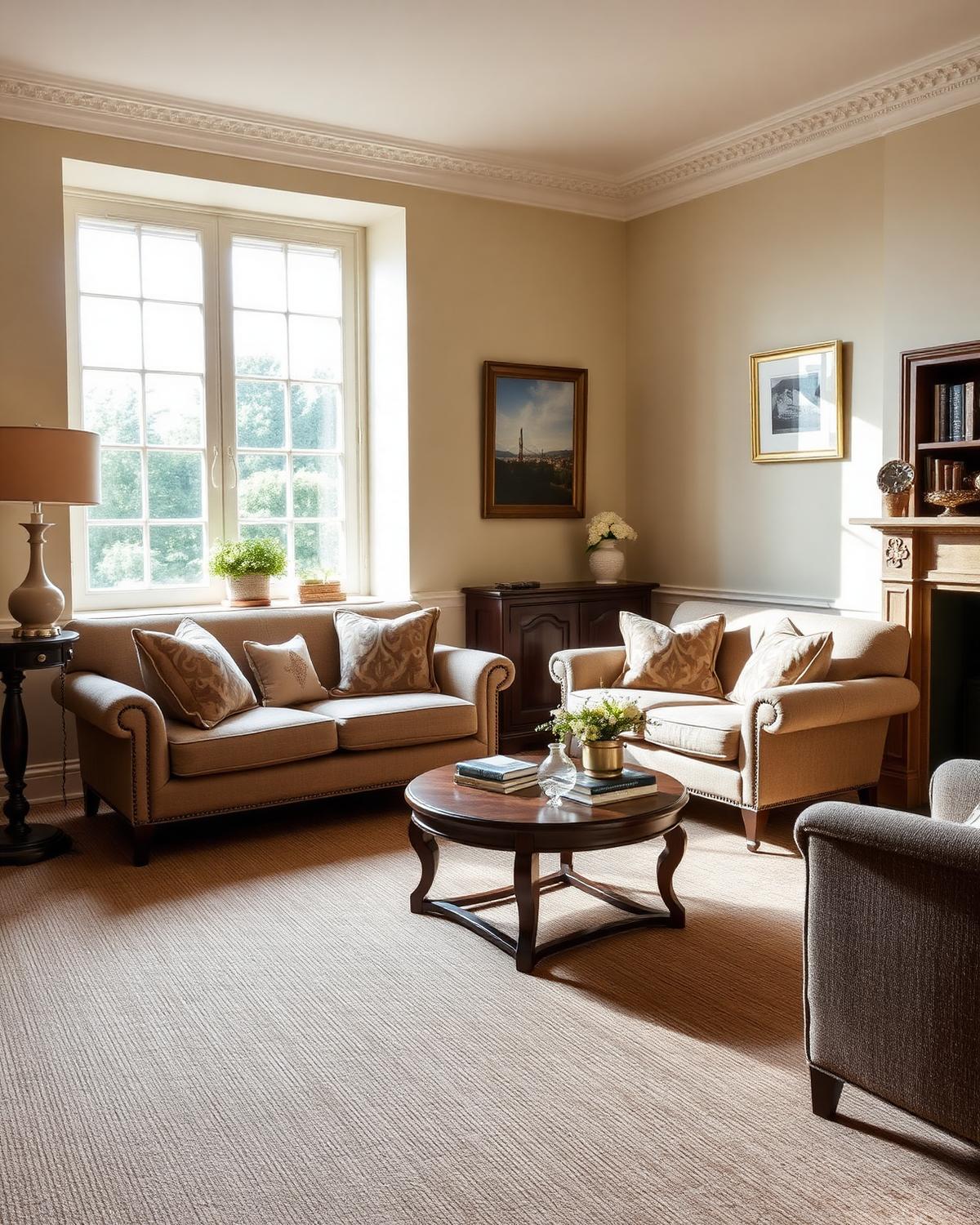 A warm sunlit living room with premium wool carpet